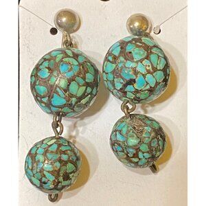 2" x 5/8" Vintage Indian Silver Earrings With Crushed Turquoise Mosaic & Screw B